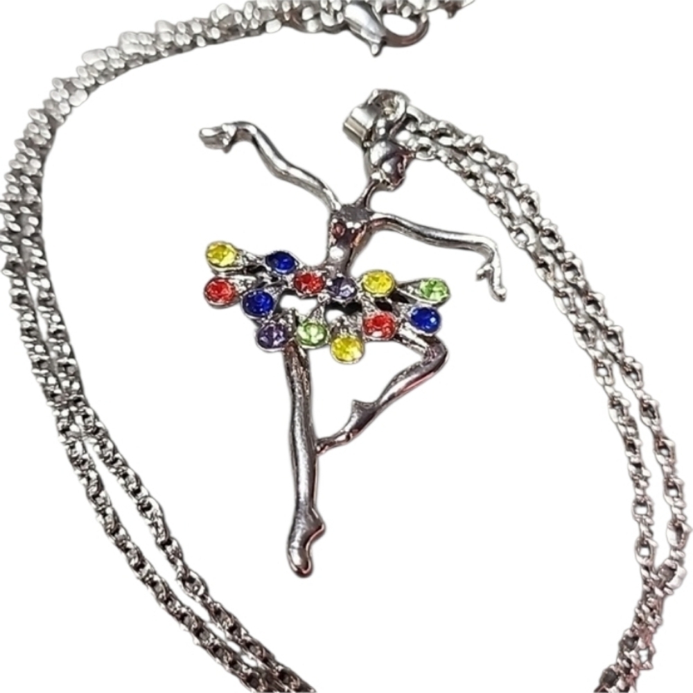 💥4 for $20💥Multicolor Rhinestone Silvertone Dancing Ballerina Necklace